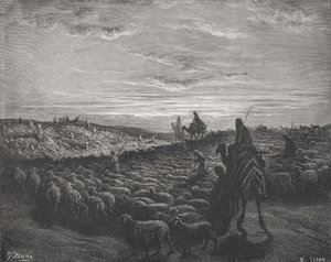 Abraham Journeying Into the Land of Canaan, Genesis 13:1-4, ilustrace z Doreovy „Svaté bible“, vyryté Pisanem, 1866 od Gustave Dore