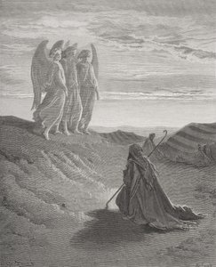 Abraham a tři andělé, ilustrace z Doreovy „Svaté bible“, vyryl Ligny, 1866 od Gustave Dore