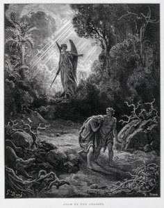 Adam a Eva vykázáni andělem z rajské zahrady, Ilustrace z Doreovy bible. od Gustave Dore