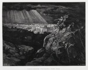 Anděl se svatým Janem Křtitelem před Jeruzalémem, ilustrace z Doreho bible od Gustave Dore