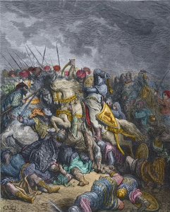 Bitva u Arsuru - Richard I. Lví srdce (1157-1199), anglický král účastnící se 3. křížové výpravy - Richard Lví srdce v bitvě u Arsufu (1191), třetí křížová výprava, rytina Gustava Dore - z Historie křížových výprav od Josefa - Francois Michaud od Gustave Dore