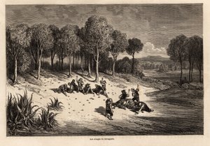 Bitva o pomeranče od Carcagente, kresba Gustave Dore (1832-1883), pro ilustraci jeho cesty do Španělska s C.Davillierem v roce 1862. Rytina „“Le tour du monde“, editoval Edouard Charton od Gustave Dore