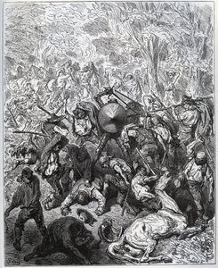 Bitva s výrobci mezků - Yangoisové používali své hole - z „Don Quijote de la Mancha“ od Miguela Cervantese (1547-1616) (Don Quijote) - Dřevoryt podle kresby Gustava Dore od Gustave Dore