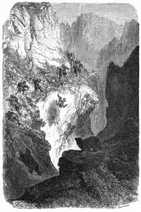 Lov medvěda v Pyrenejích: muž padá z hory. Rytina Gustava Doreho ilustrující knihu "Cesta do Pyrenejí" od Hippolyta Taina, Hachette 1860. od Gustave Dore
