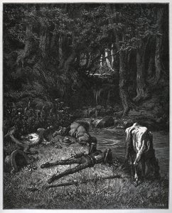 Bivak v lese - Uchváceni krásou toho místa se rozhodli strávit tam hodiny spánku - z „“Don Quijote de la Mancha”” od Miguela Cervantese (1547-1616) (Don Quijote) - Dřevoryt po kresbě od Gustave Dore od Gustave Dore