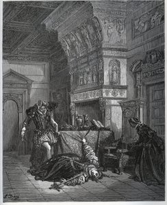 Camille předvedla před Lothairem a Leonellou sebevraždu – z „Don Quijote de la Mancha“ od Miguela Cervantese (1547-1616) (Don Quijote) – dřevořez podle kresby Gustava Dorea od Gustave Dore