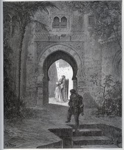 Zajatý příběh. První setkání zajatce se Zoraide v zahradě otce, který ji přivede zpět po své nechutné fintě z „Don Quijote de la Mancha“ od Miguela Cervantese od Gustave Dore