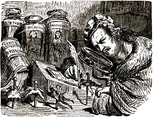 Karikatura Honore de Balzaca (1799-1850) od Gustava Doreho (1832-1883) pro Drolatiques Tales (1855): spisovatel je zde vyobrazen jako entomolog, který studuje lidi jako hmyz ve svém kabinetu plném entomologických a pitevních náčrtů a sklenic s hmyzem. od Gustave Dore
