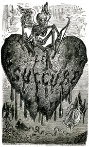 Ilustrace hlavy kapitoly od Gustava Doreho pro Drolatické povídky (1855) od Honore de Balzaca (1799-1850): sukuba (upír) - kostra, smrt, srdce, krev... od Gustave Dore