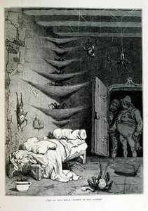Croque-Mitaine; 1863 ilustrace, Gustave Dore (1832 – 1883); Francouzský výtvarník, grafik, ilustrátor. Croque-Mitaine (Bogeyman) zlomyslná postava představená dětem, aby je vyděsila, a tak je učinila moudřejšími. od Gustave Dore