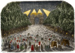 Dav obdivující elektrické osvětlení Vítězného oblouku a Champs Elysees (Champs-Elysees) v Paříži 26. a 27. října od Gustave Dore