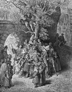 Dav přihlížejících a diváků na svatbě, scéna z filmu The Rime of the Ancient Mariner od S.T. Coleridge, vydal Harper und Brothers, New York, 1876 (dřevoryt) od Gustave Dore