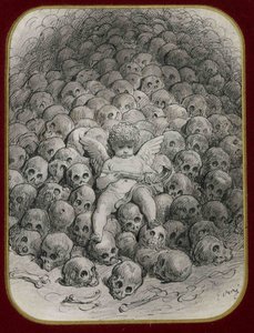 ""Amor ozbrojený pistolí sedící na hoře lebek" (Amor s pistolí na vrcholu hory lebek) Tuš a kresba Gustava Dore (1832-1883) Soukromá sbírka od Gustave Dore