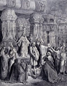 Kýros II. Veliký (580 př. n. l. - 530 př. n. l.) po svém příjezdu do Babylonu v roce 539 př. n. l. osvobodil zajaté národy a vrátil židovskému lidu posvátné nádoby, které byly odvezeny jako kořist v jeruzalémském chrámu. Rytina Gustava Doré. od Gustave Dore