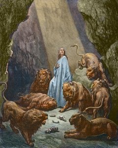 Daniel je uvržen do Doupěte lvů - Daniel v Doupěti lvů - rytina Gustava Dore - pozdější kolorování od Gustave Dore