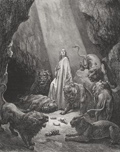Daniel v doupěti lvů, Daniel 6:16-17, ilustrace z Doreovy „Svaté bible“, vyryl Piaud, 1866 od Gustave Dore
