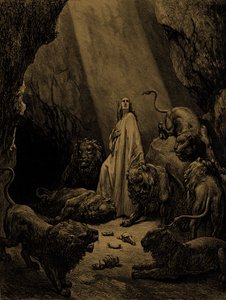 Daniel v jámě lvové, od Doré. - Bible od Gustave Dore