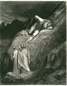Dante a Vergilius se setkávají s Minotaurem. Rytina z Pekla Danta Alighieriho (Božská komedie) ilustrovaná Gustavem Dorem. Francouzské vydání z roku 1861. "E in su la punta della rotta lacca/L