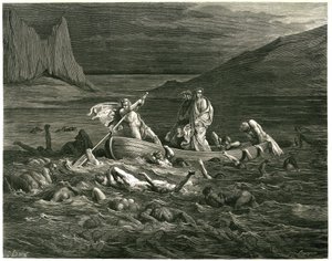 Dante a Vergilius plují v čele s Nocherem Phlegyasem po řece Styx, v níž se brodí přehrady, které se snaží vlézt do člunu. Rytina z Pekla Danta Alighieriho (Božská komedie) ilustrovaná Gustavem Dorem. Francouzské vydání z roku 1861. "Segando se ne od Gustave Dore