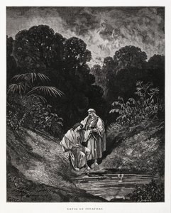 David a Jonatán, hrdinové izraelského království, kteří uzavřeli smlouvu o přátelství zaznamenanou v knihách Samuelových, Ilustrace z Doreovy Bible. od Gustave Dore