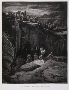 David nabízí svůj meč na znamení věrnosti Saulovi, králi Izraele, Ilustrace z Doreovy bible. od Gustave Dore