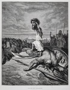 David zabíjí Goliáše, ilustrace z Dore Bible od Gustave Dore