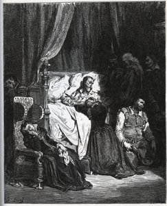 Smrt Dona Quijota [Obklopen svou neteří, hospodyní Sancho Panzou, farností, holičem a svobodným mládencem Samsonem Carrascem – od „“Dona Quijota de la Mancha““ od Miguela Cervantese (1547-1616) (Don Quijote) – Dřevoryt podle kresby Gustave Dore od Gustave Dore