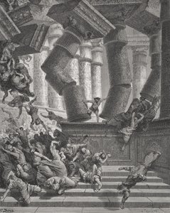 Death of Samson, Judges 26:28-30, ilustrace z Dore