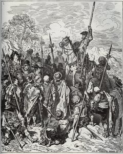 Don Quijote a Sancho s eskadrou hýřících vesničanů - z „Don Quijote de la Mancha““ od Miguela Cervantese (1547-1616) (Don Quijote) - Dřevoryt podle kresby Gustava Dore od Gustave Dore