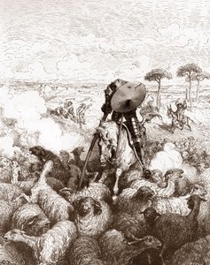 Don Quijot útočí na stádo ovcí Rytina od Gustava Dore (1832-1883) pro „The Ingenieux Hidalgo Don Quijote de la Mancha (Quixotte - Quijote)“ od Miguela de Cervantese (1547-1616) 1863 Soukromá sbírka od Gustave Dore