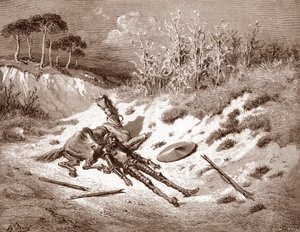Don Quijote Po bití zavolá Quijote svou ideální dámu Dulcinea del Toboso Rytina Gustava Dore (1832-1883) pro „Ingenieux Hidalgo Don Quijote de la Mancha (Quixotte - Quijote)“ od Miguela od Cervantese (1547-1631) 18 Soukromá sbírka od Gustave Dore