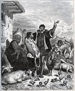 Don Quijote přemlouvá svého souseda Sancha Panzu, aby se stal jeho pomocníkem – z „Don Quijote de la Mancha““ od Miguela Cervantese od Gustave Dore