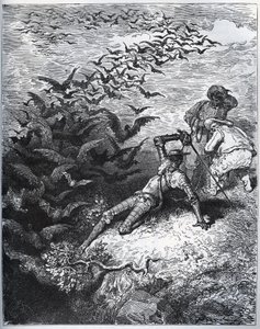 Don Quijote a la cave de Montesinos – Z Montesinosovy jeskyně vylétne nekonečné množství vran a havranů a srazí Dona Quijota k zemi (II, 22) – z „“ Don Quijote de la Mancha““ od Miguela Cervantese (1547- 1616) (Don Quijote) - Dřevoryt po kresbě od Gustave Dore