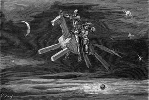 Don Quijote a Sancho Panca (Panza) na obloze, mezi měsícem a hvězdami, na dřevěném koni Clavilegne. Rytina Gustava Doreho ilustrující vydání knihy "L