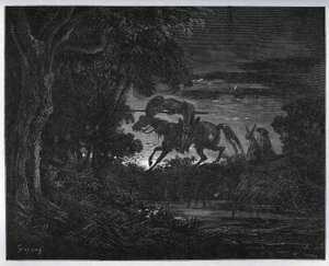 Don Quijote a Sancho Panza na začátku dobrodružství v hustém a neznámém lese - z "Don Quijote de la Mancha" od Miguela Cervantese (1547-1616) (Don Quijote) - Dřevoryt podle kresby Gustava Dore od Gustave Dore