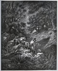 Don Quijote a Sancho Panza pokračují ve své cestě v Sierra Morena při hledání dolu Deguenille-de-la-Malaise - z „Don Quijote de la Mancha“ od Miguela Cervantese (1547-1616) (Don Quijote) - Dřevoryt podle kresby od Gustave Dore od Gustave Dore