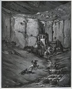 Don Quijote a Sancho Panza objeví, co způsobilo jejich obavy, vodopád a mlýn a faulon - z „Don Quijote de la Mancha“ od Miguela Cervantese (1547-1616) (Don Quijote) - Dřevoryt podle kresby Gustava Dore od Gustave Dore