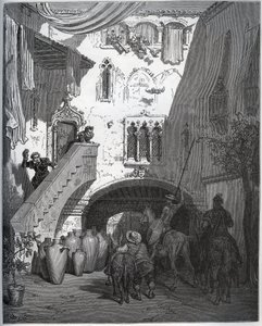 Don Quijote a Sancho Panza, které pozval Don Diego de Miranda domů, jsou vítáni džentlmenovou manželkou a synem - z „Don Quijote de la Mancha“ od Miguela Cervantese (1547-1616) (Don Quijote) - Dřevoryt podle kresby Gustava Dore od Gustave Dore