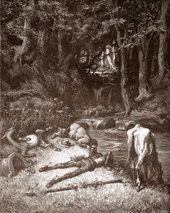 Don Quijote a Sancho Panza je osvěžují u potoka Rytina Gustava Dore (1832-1883) pro „L