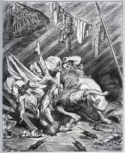 Don Quijote a výrobce mezků bojující za Maritornese, hospodyni, kterou Don Quijote bere za svou Dulcinee - z „Don Quijote de la Mancha“ od Miguela Cervantese (1547-1616) (Don Quijote) - Dřevoryt podle kresby Gustava Dore od Gustave Dore