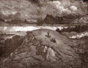 Don Quijote a Sancho Panza se blíží k sierra Morena Rytina Gustava Dore (1832-1883) pro „L
