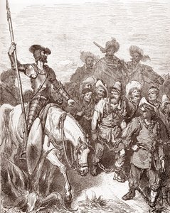 Don Quijote a Sancho Panza vyslýchají zločince, kteří jsou vedeni na galeje Rytina Gustava Dore (1832-1883) pro „L