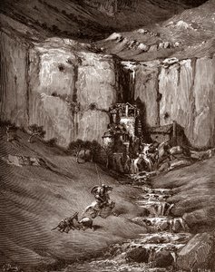 Don Quixote a Sancho Panza vidí vodopád a hlučné hovely (Don Quixote a Sancho Panza vidět vodopád a hlučné hovels) Gravírování Gustave Dore (1832-1883) pro „The Ingenieux Hidalgo Don quixote de la Mancha (Quixotte - quijote)“ Miguel de Cerva od Gustave Dore