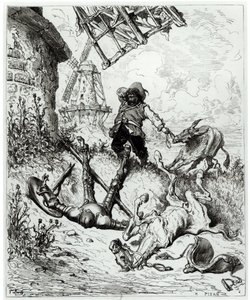 Don Quijote a větrné mlýny, z „Don Quijote de la Mancha“ od Miguela Cervantese (1547-1616), vyrytý Heliodorem Josephem Pisanem (1822-90) od Gustave Dore
