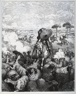 Don Quijote útočí na stádo ovcí v domnění, že má co do činění s armádou Alibanfarona z Taprobany – z „Don Quijote de la Mancha“ od Miguela Cervantese (1547-1616) (Don Quijote) – dřevořez podle kresby Gustava Dorea od Gustave Dore