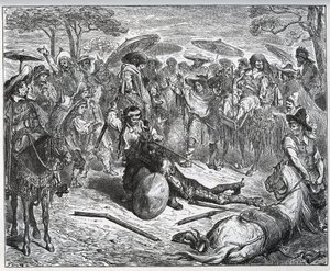 Don Quijote zbit uprostřed skupiny obchodníků – Výrobce mul okusil hru – z „Don Quijote de la Mancha““ od Miguela Cervantese od Gustave Dore