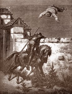 Don Quijote nedokáže zastavit vystřelovače Sancha Panca, který ho přinutí skákat na přikrývku (Don Quijoteovy protesty neovlivní házející) Rytina Gustava Dore (1832-1883) pro „L