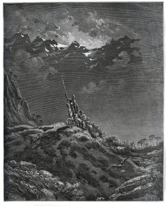 Don Quijote jde na misi pro Dorothee, doprovázen Sancho Panzou, holičem, Dorothee, léčitelem a Cardeniem - z „Don Quijote de la Mancha“ od Miguela Cervantese (1547-1616) (Don Quijote) - Dřevoryt podle kresby Gustava Dore od Gustave Dore