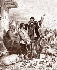 Don Quijote přesvědčí svého souseda Sancha Panzu, aby se stal jeho panošem tím, že mu slíbí, že ho učiní guvernérem nějakého dobytého ostrova. Miguel de Ce od Gustave Dore
