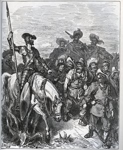 Don Quijote zpochybňuje síly ohledně důvodů jejich přesvědčení - z „Don Quijote de la Mancha“ od Miguela Cervantese (1547-1616) (Don Quijote) - Dřevoryt podle kresby Gustava Dore od Gustave Dore